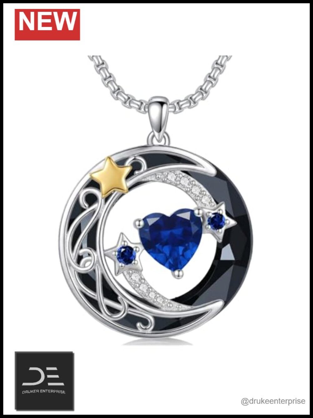 925 Sterling Silver Moon Star Pendant Necklace September Birthstone